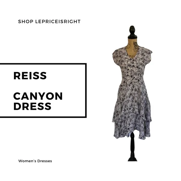 Reiss Black Printed Canyon Dress (Women's Size 0), Tiered Ruffled Hem Brunch - Picture 5 of 5